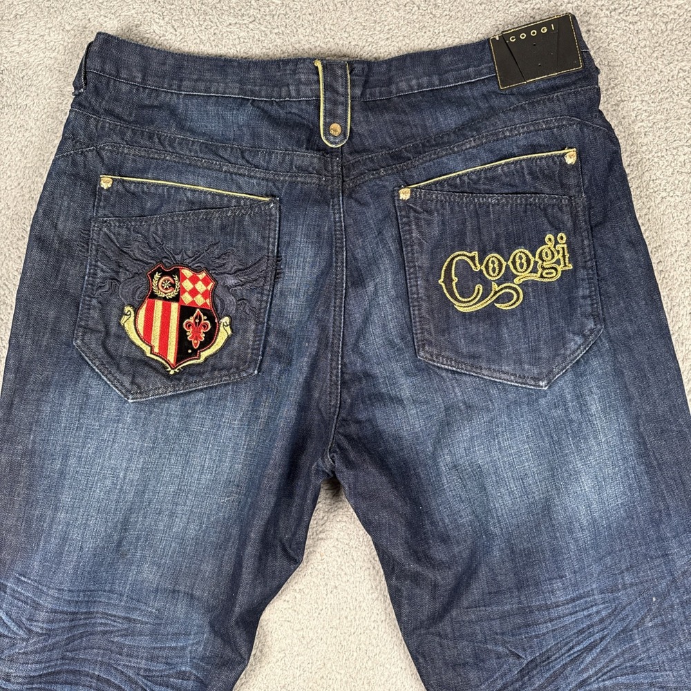 Coogi Jeans Mens 44x35 Wide-Leg Baggy Fit Dark Wash Whiskers Embroider Gold Hole